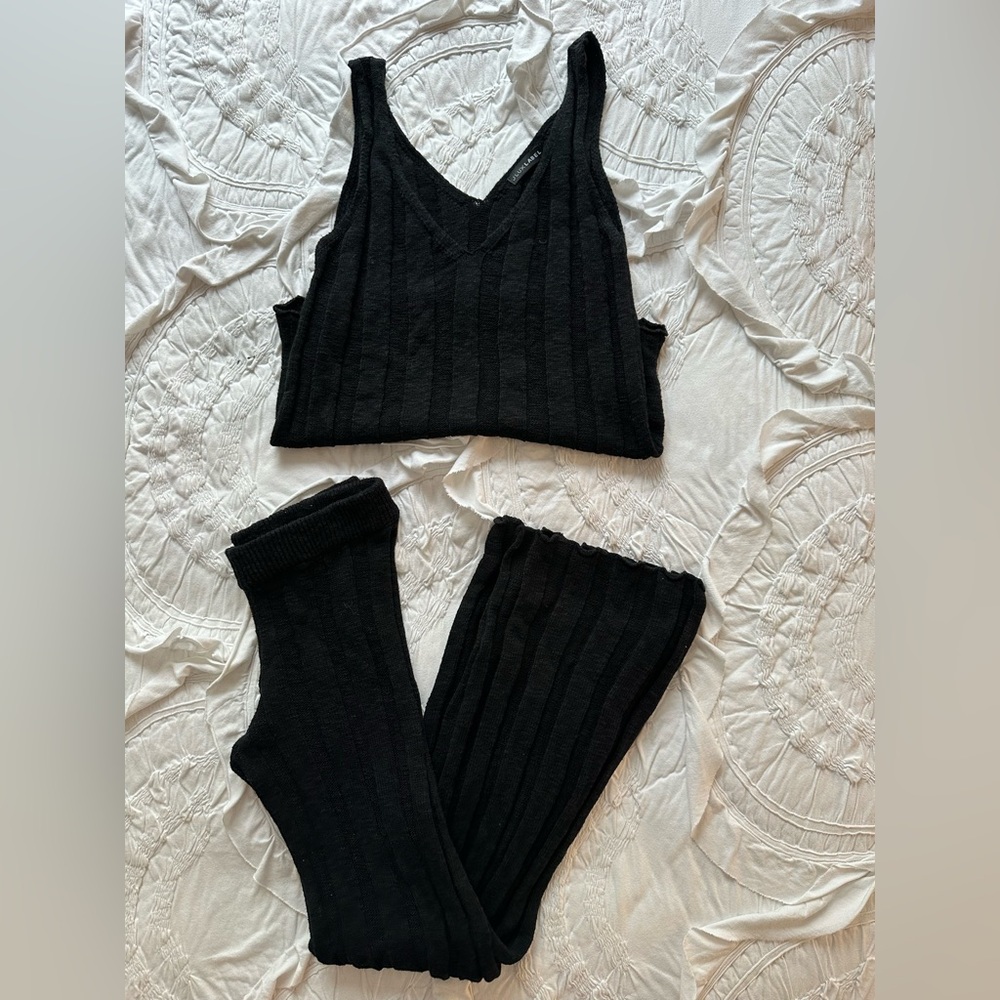 JLUXLABEL Black Knit V-Neck Tank Matching Flare Pants Set